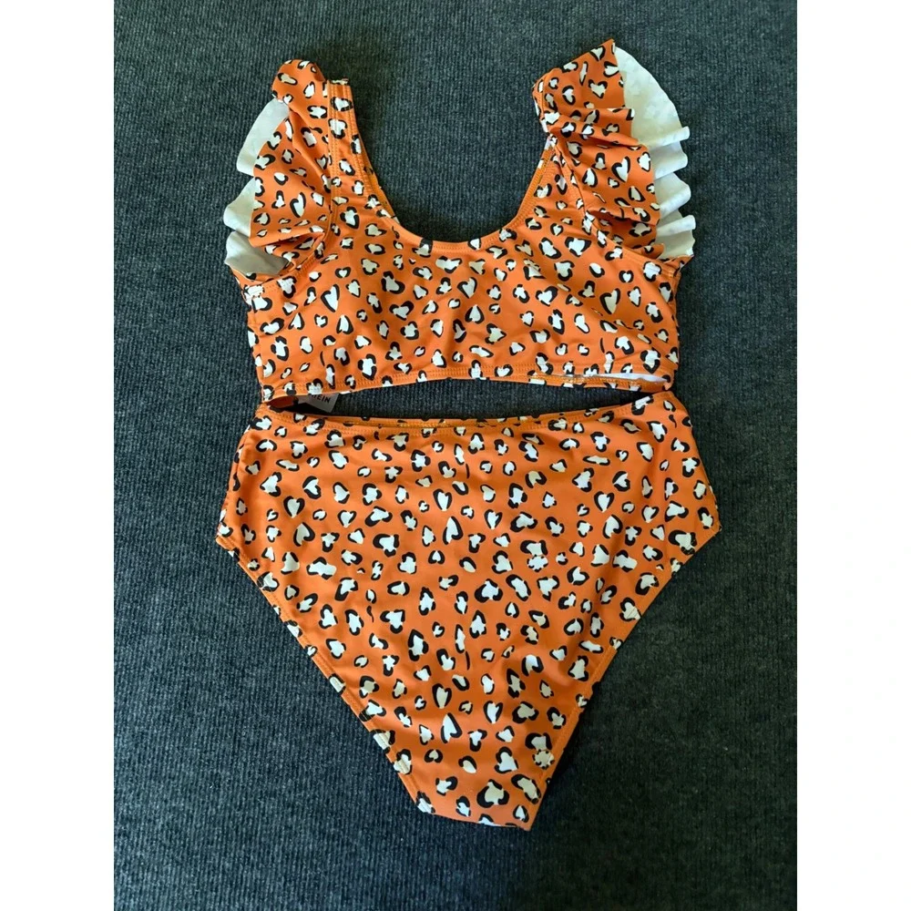 SHEIN Womens Orange Leopard Heart Print Ruffle High Waist Bikini Set Size L 2562